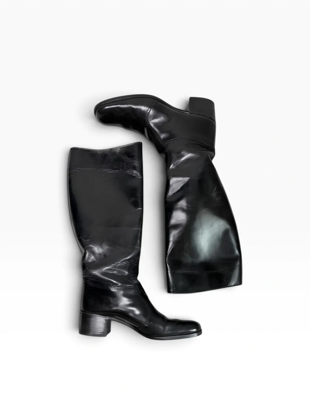 Black Leather Knee-High Block Heel Go-Go Riding Boots - 10B